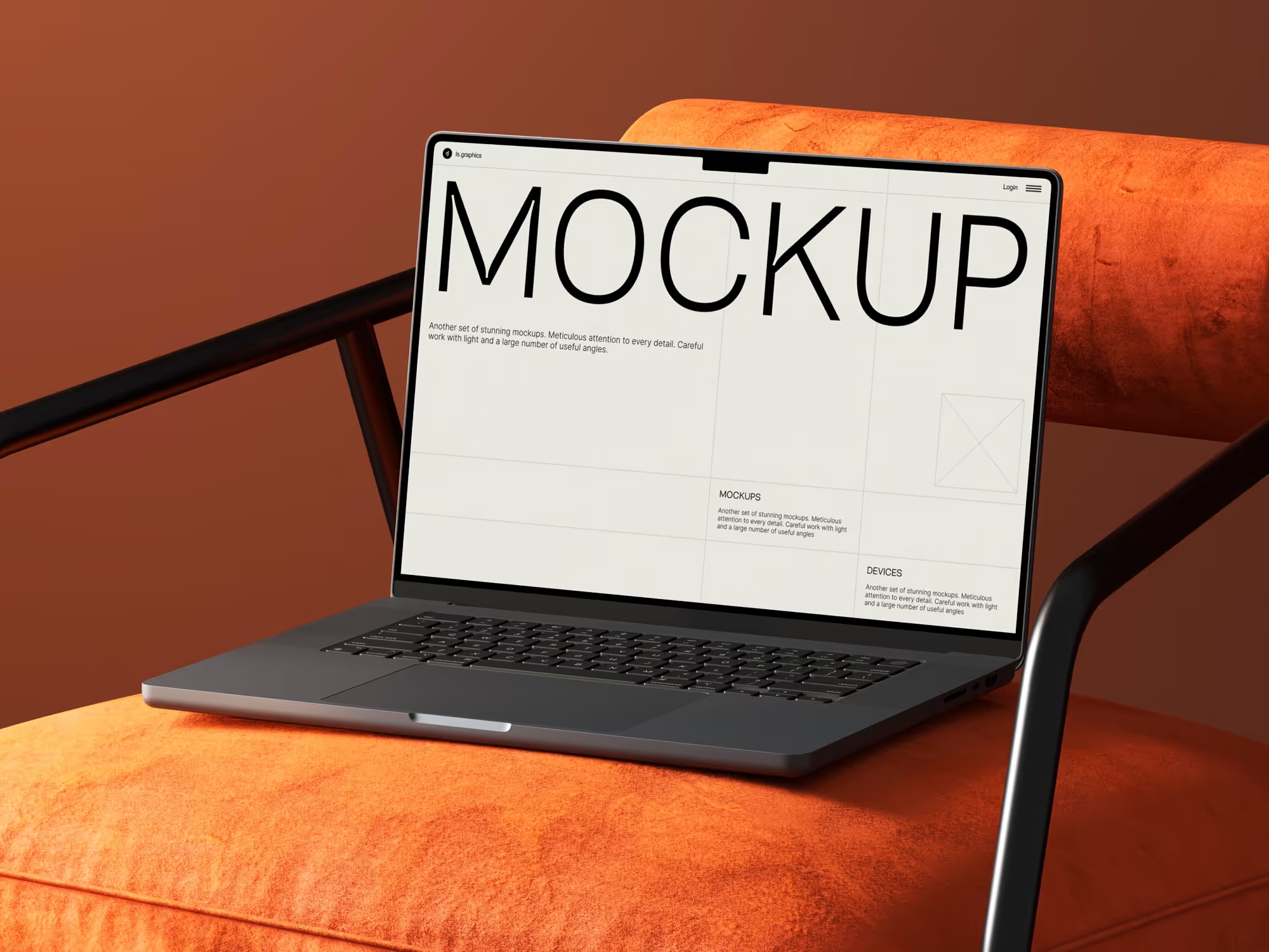 R-Mockups Scene 11 – MacBook on Plush Velvet Chair